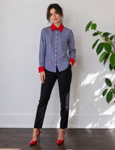 Load image into Gallery viewer, Upcycled Stripe Shirt with Red Contrast Collar & Cuffs