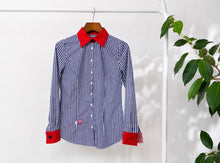 Load image into Gallery viewer, Upcycled Stripe Shirt with Red Contrast Collar & Cuffs